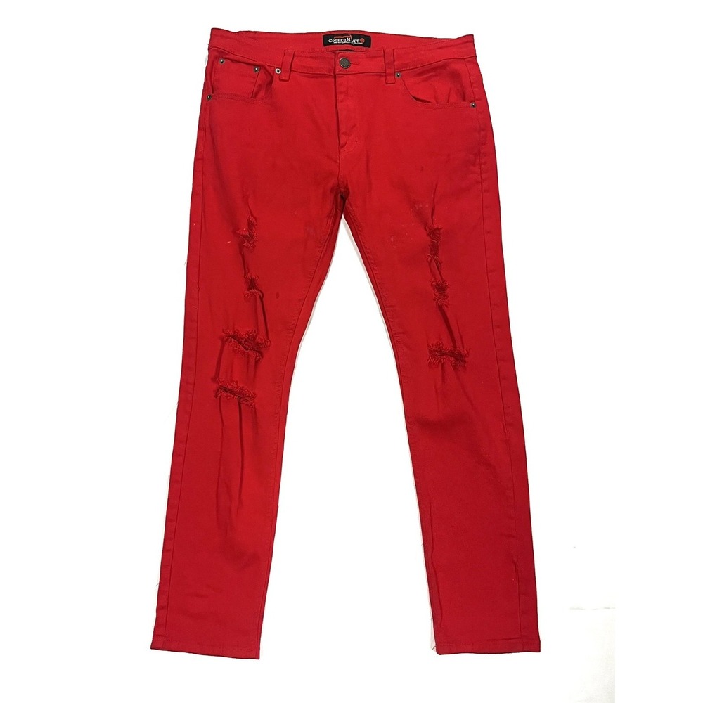 COPPER RIVET Men 38x34 Red Distressed Skinny Jeans Stretch Denim Urban Modern